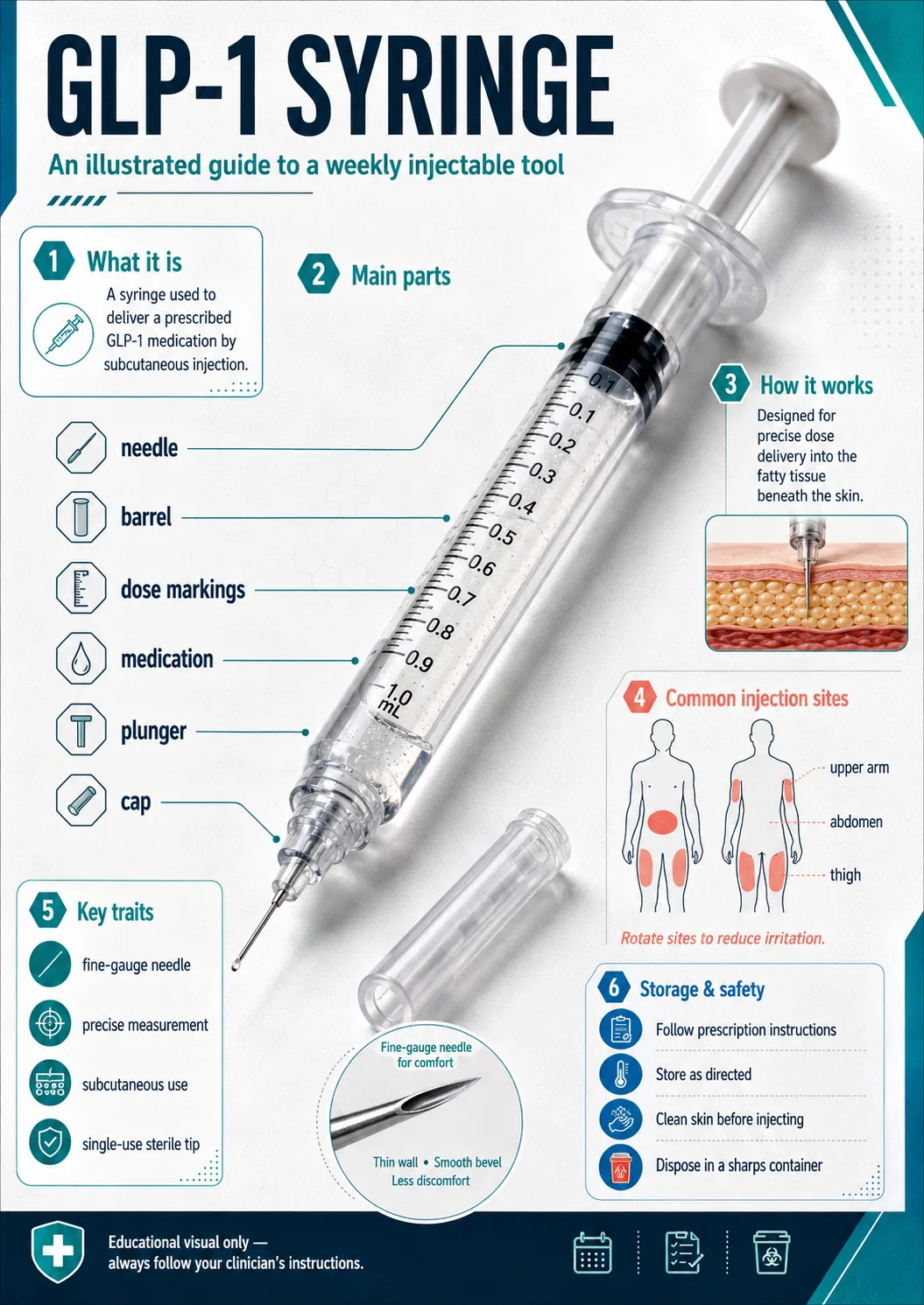 GLP-1 injection basics: parts of the pen, injection sites, and safe handling