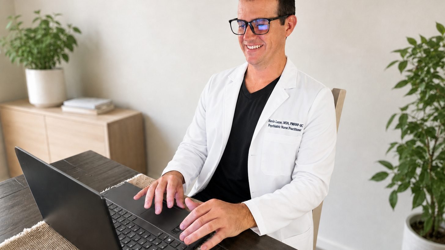 Kevin Lazar meeting by telehealth video from a calm, comfortable home office